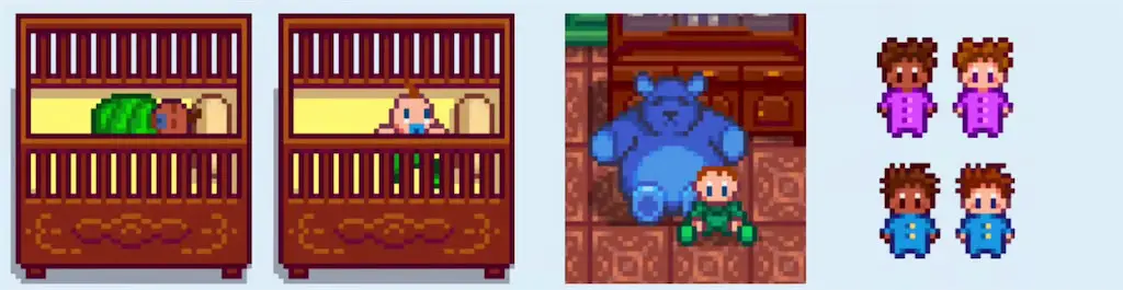 Examples of children's growth stages in Stardew Valley