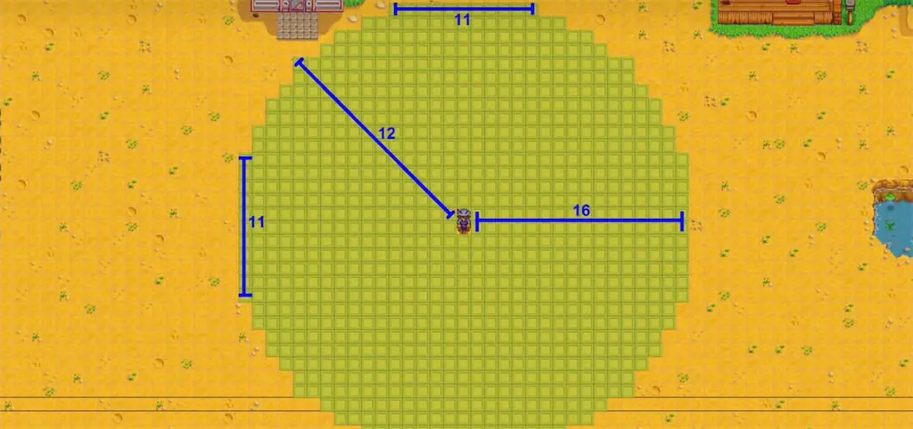 A diagram showing the expanded range of the Deluxe Scarecrow in Stardew Valley