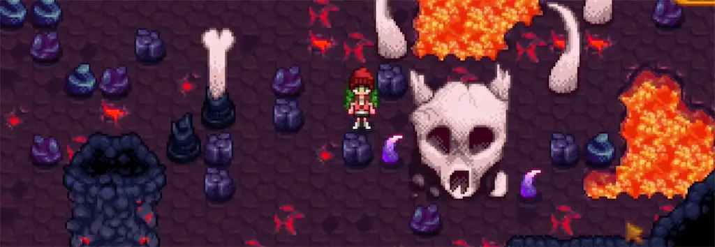 A screenshot of a dragon bone in the Volcano Dungeon in Stardew Valley