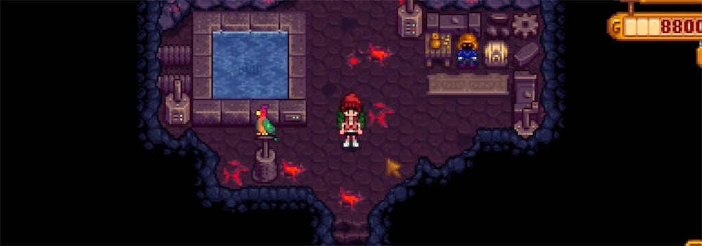A screenshot of the Dwarf Shop in the Volcano Dungeon in Stardew Valley