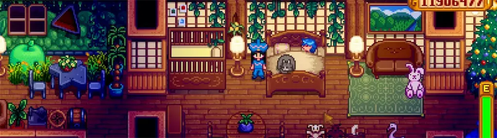 A character wearing Emily's Magic Hat in Stardew Valley