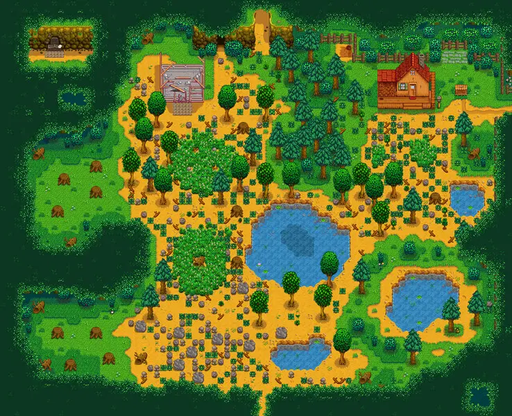 A screenshot of the Forest Farm in Stardew Valley