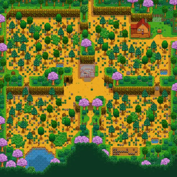 A screenshot of the Four Corners Farm in Stardew Valley