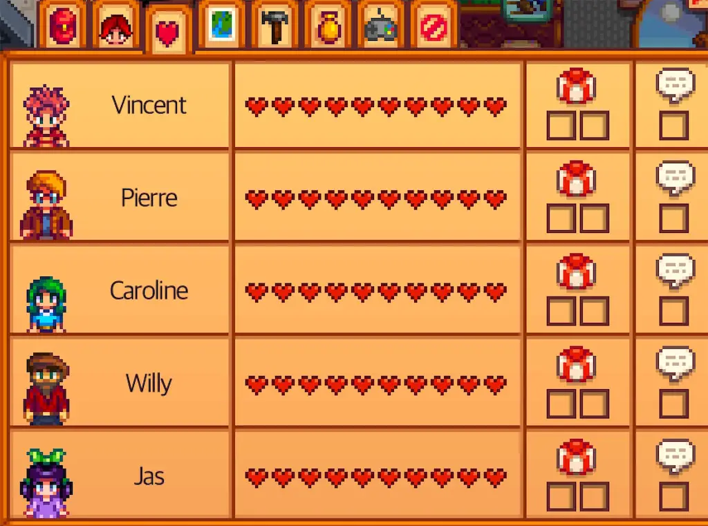 A screenshot of the player's friendship levels with a villager and their pet in Stardew Valley.