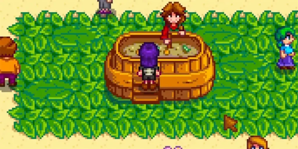 A screenshot of the Governor drinking soup with the purple shorts in Stardew Valley