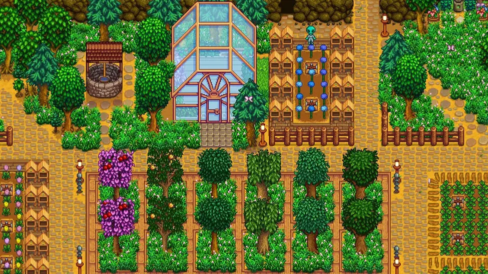 A screenshot of the outside of a greenhouse in Stardew Valley