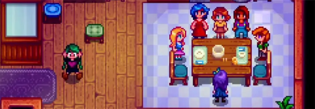 Multiple ladies gathered for a group 10-heart event in Stardew Valley