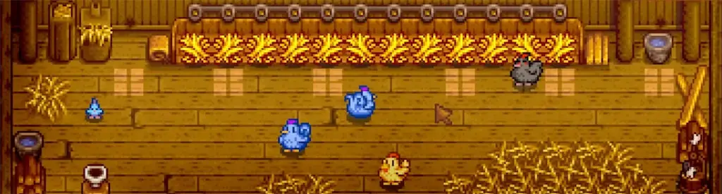 Image of hatching a blue chicken in the coop in Stardew Valley