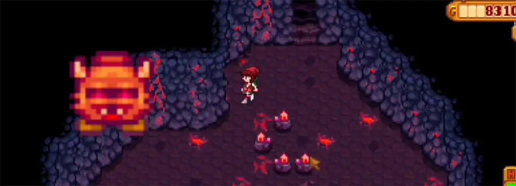 A screenshot of a Hot Head in the Volcano Dungeon in Stardew Valley