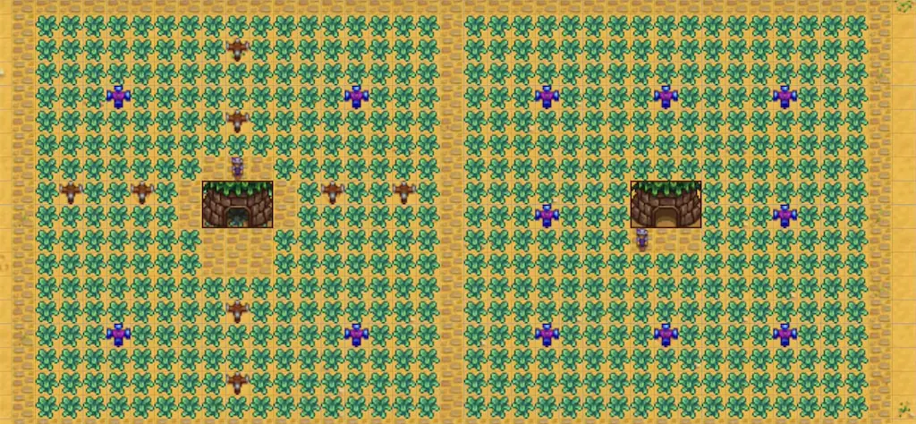 A farm layout using a combination of Iridium Sprinklers and Pressure Nozzles