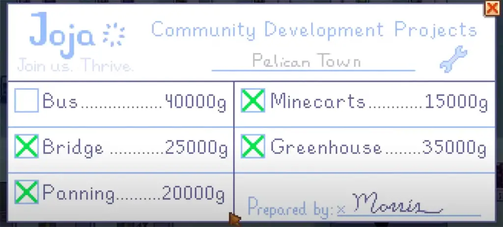 A screenshot of the Joja Community Development Form in Stardew Valley