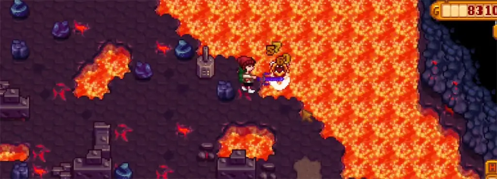 A screenshot of a Lava Lurk in the Volcano Dungeon in Stardew Valley