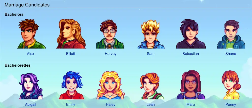 Image showing marriage candidates in Stardew Valley