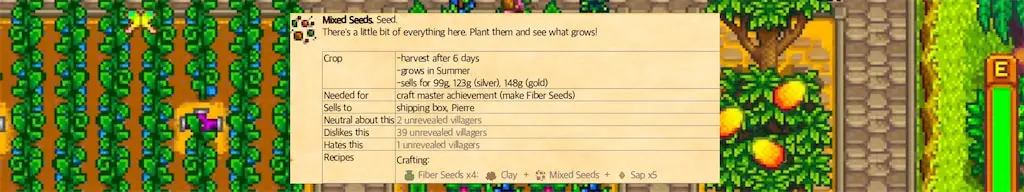 A player using mixed seeds to craft fiber seeds