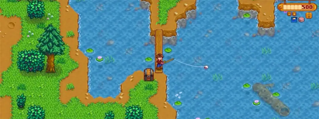 A screenshot of a character fishing at the Mountain Lake in Stardew Valley