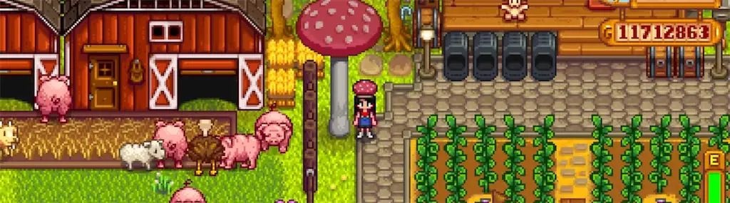 A character wearing the Mushroom Hat in Stardew Valley