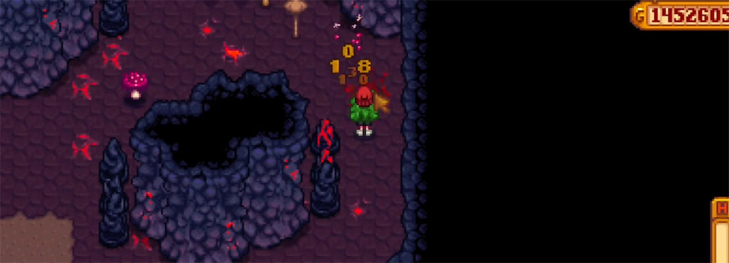 A screenshot of the Mushroom Level in the Volcano Dungeon in Stardew Valley