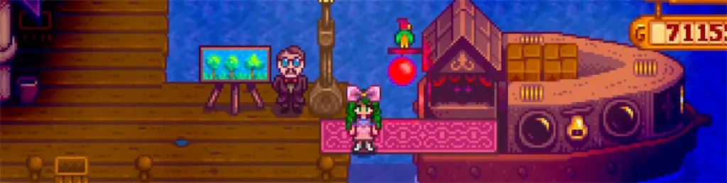 A screenshot showing the location of the Magic Merchant Boat during the Night Market in Stardew Valley