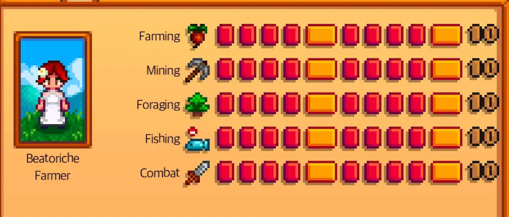 A screenshot of the player's skill levels in Stardew Valley.