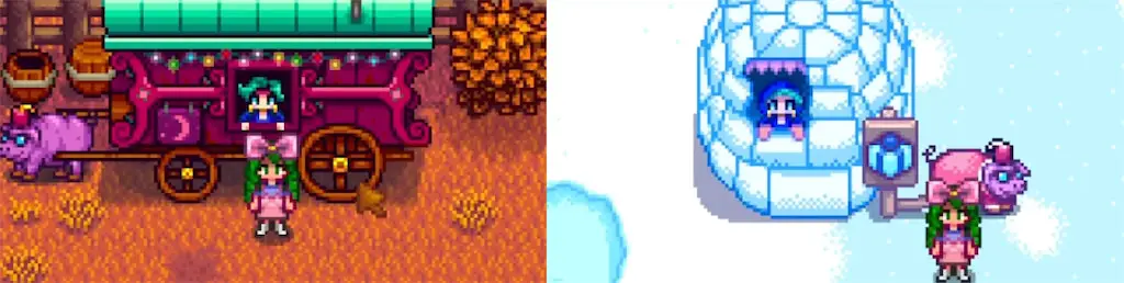 A screenshot showing the two locations where Rare Scarecrow 4 can be purchased in Stardew Valley