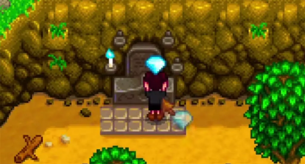 A screenshot of the player placing a diamond in Grandpa's shrine in Stardew Valley.