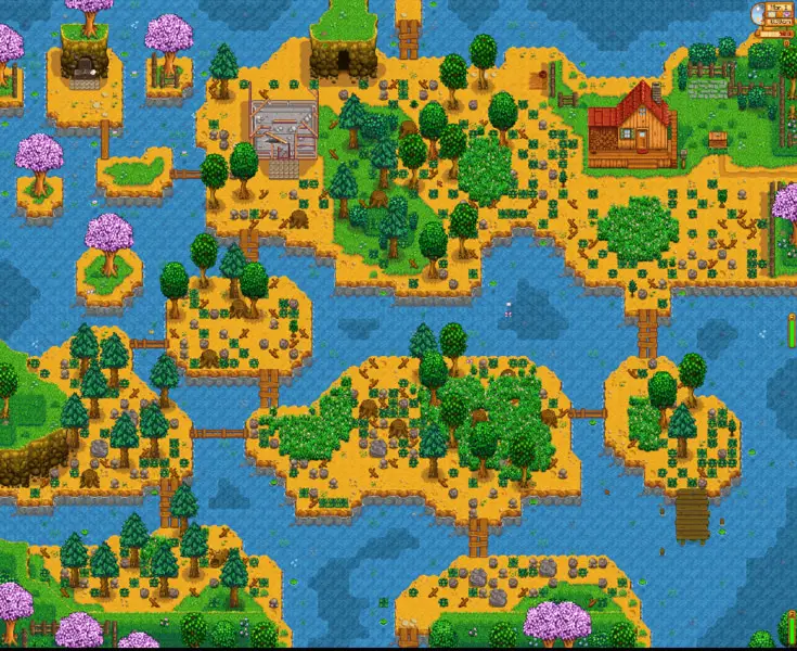 A screenshot of the Riverland Farm in Stardew Valley