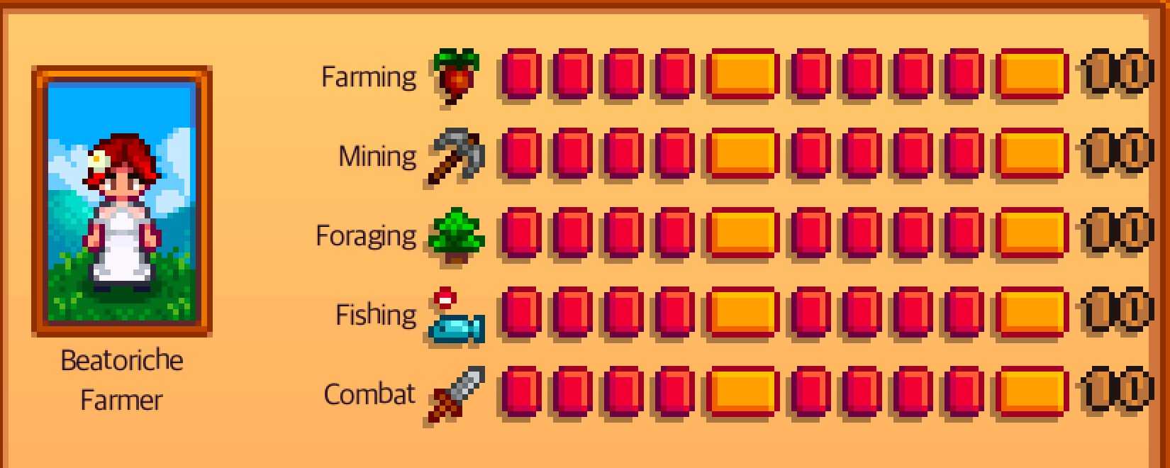 Five skill categories in Stardew Valley