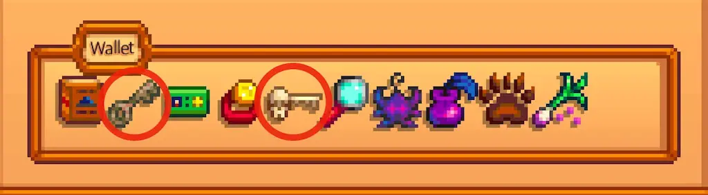 A screenshot of the Skull Key and Rusty Key in Stardew Valley.