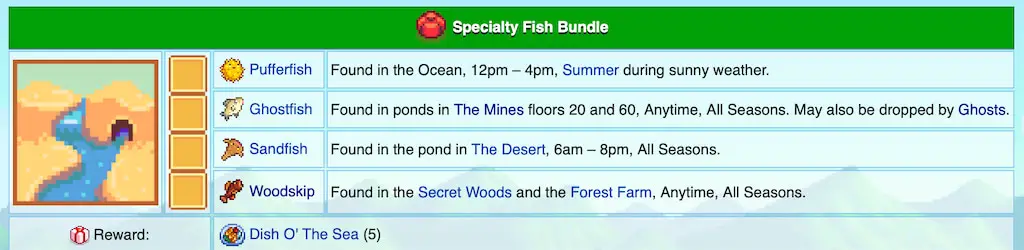 Screenshot of the locations where specialty fish can be found in Stardew Valley