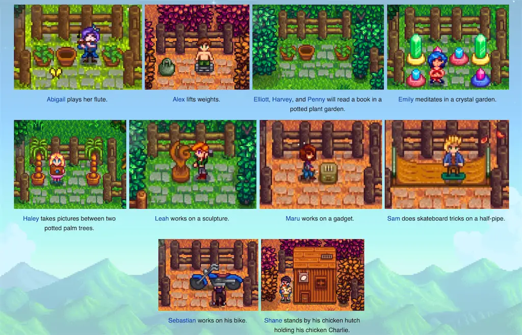 Examples of spouse's outdoor area designs in Stardew Valley