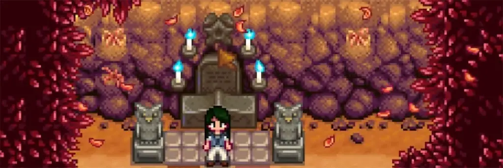 A screenshot of the Starfruit sculpture above the grandfather's shrine in Stardew Valley