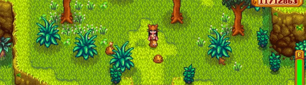 A character wearing the Tiger Hat in Stardew Valley