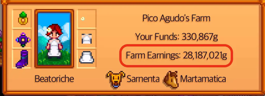 A screenshot of the player's total earnings in Stardew Valley.