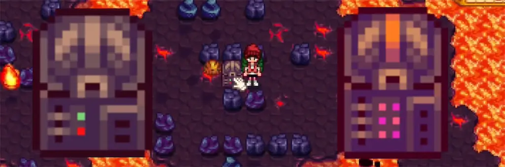 A screenshot of common and rare treasure chests in the Volcano Dungeon in Stardew Valley