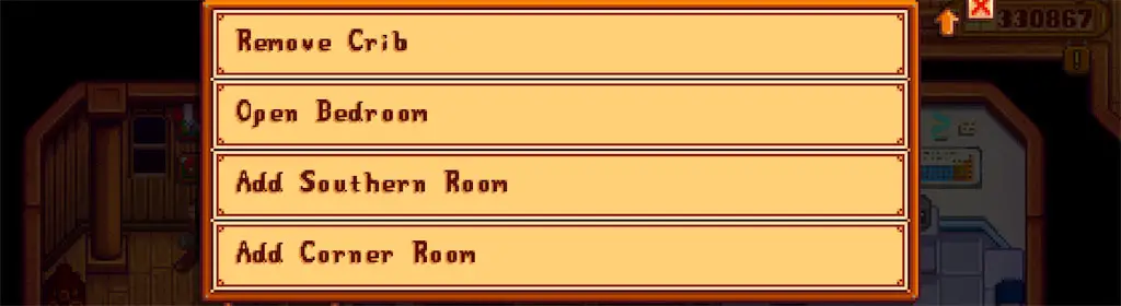 After the second upgrade, Robin will offer an option to remove or add specific parts of the farmhouse