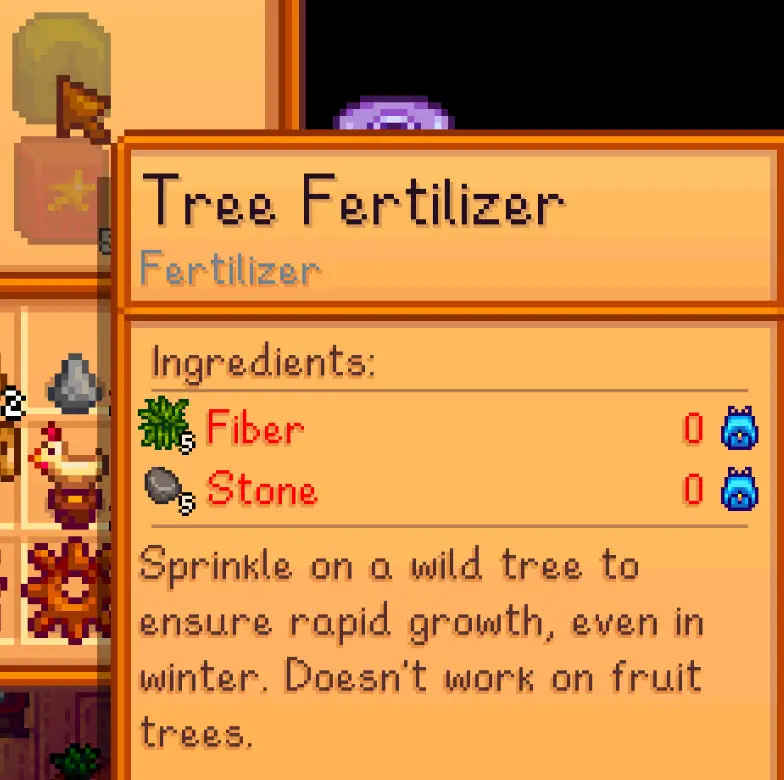 the crafting interface and the required materials for Tree Fertilizer