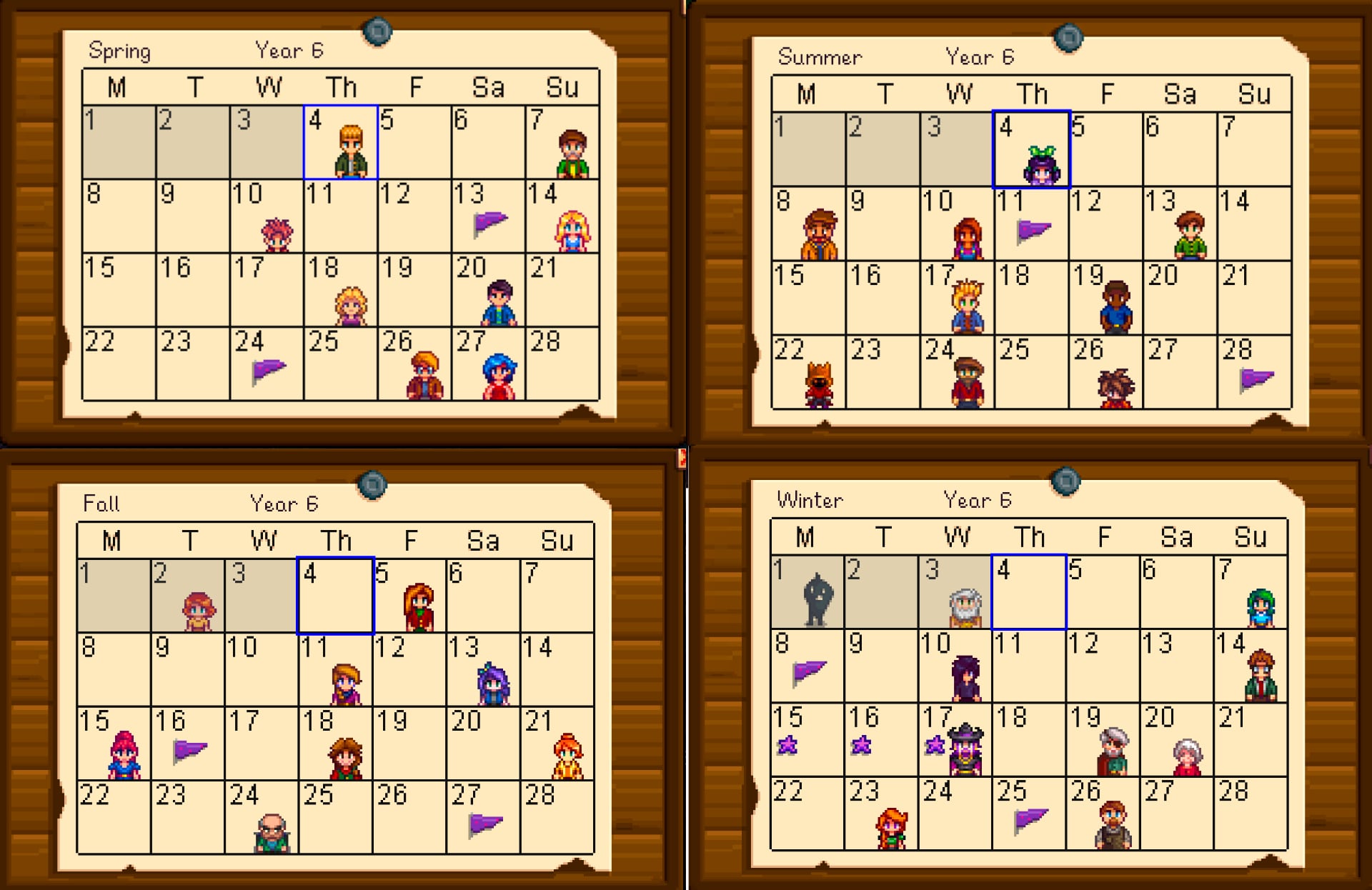 the Calendar in Stardew Valley, where all the birthdays are marked.