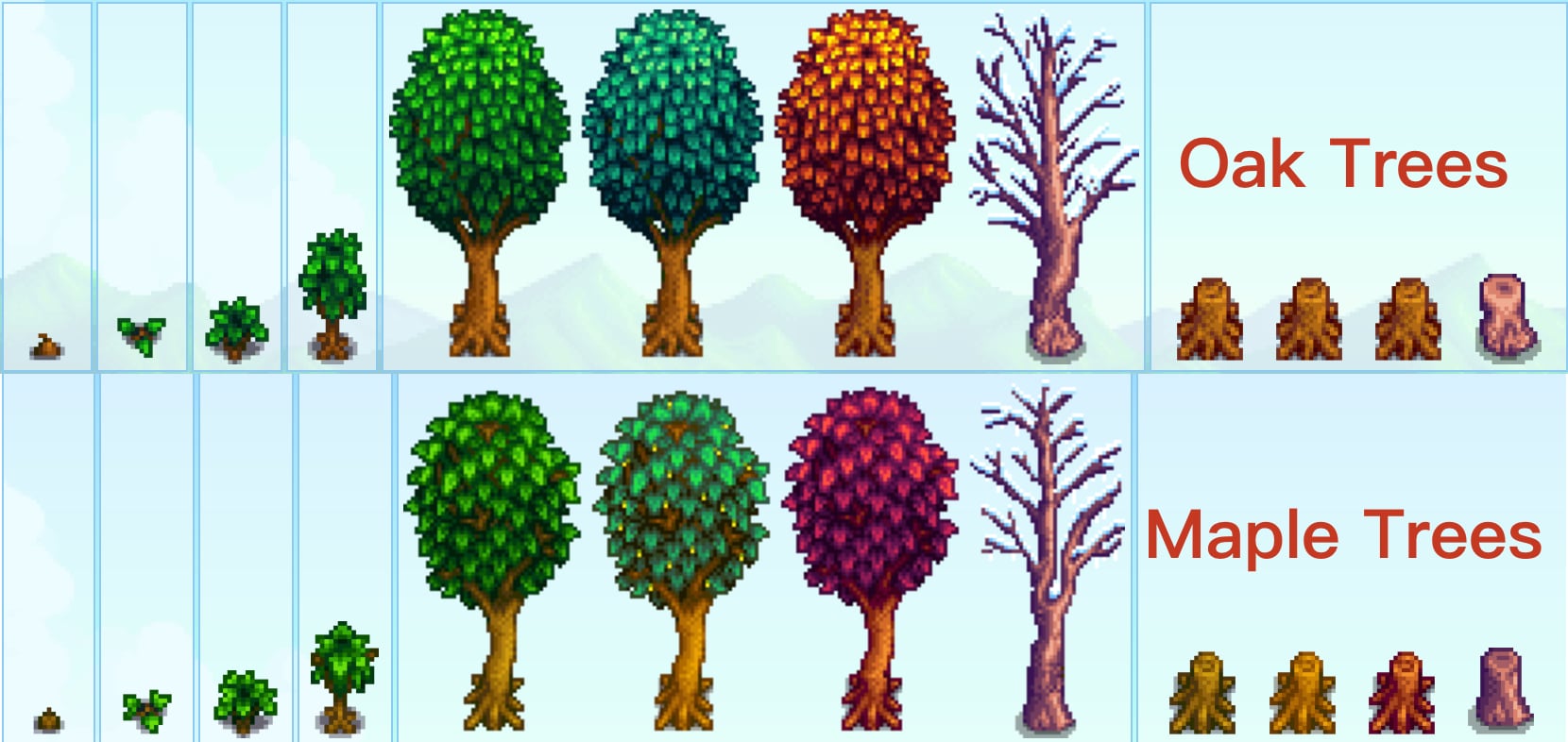A side-by-side comparison of oak and maple trees in various seasons